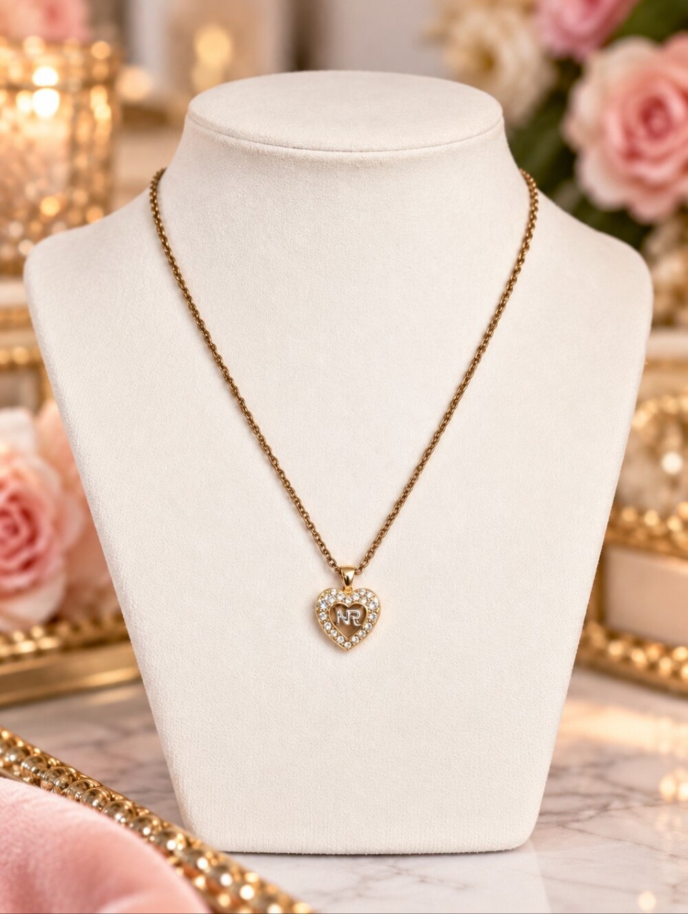 Nina Ricci Vintage Heart Pendant Necklace NR Logo Rhinestone Gold Tone